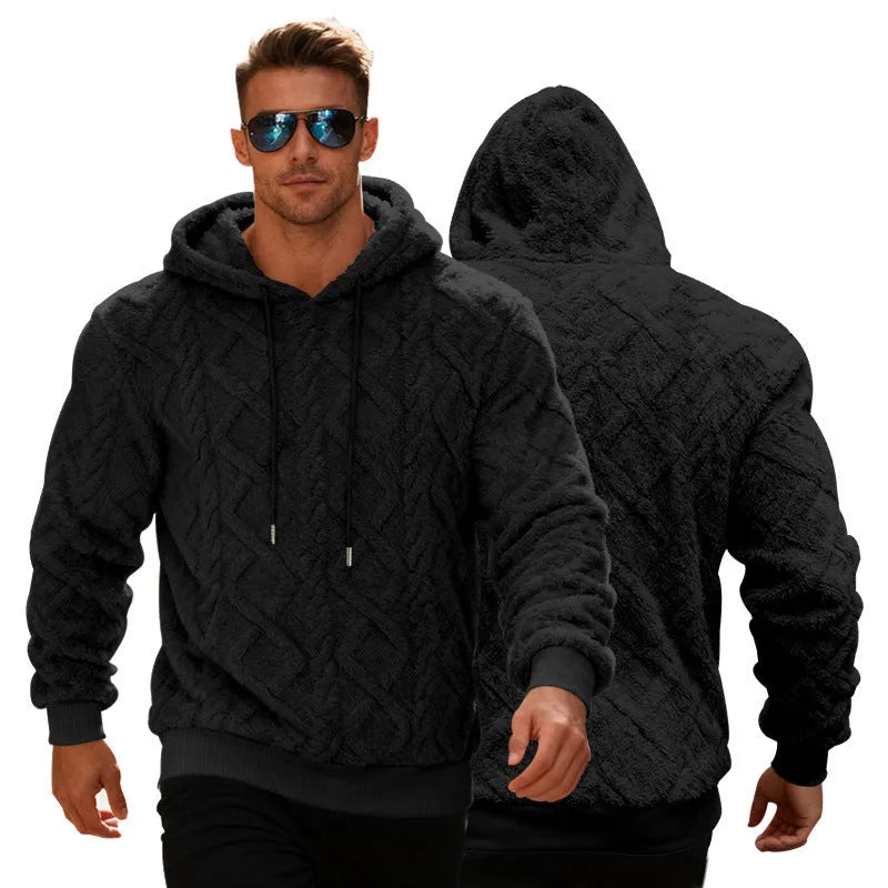 Casual heavy double-sided velvet loose pullover fleece lined sweatershirt in black, front view