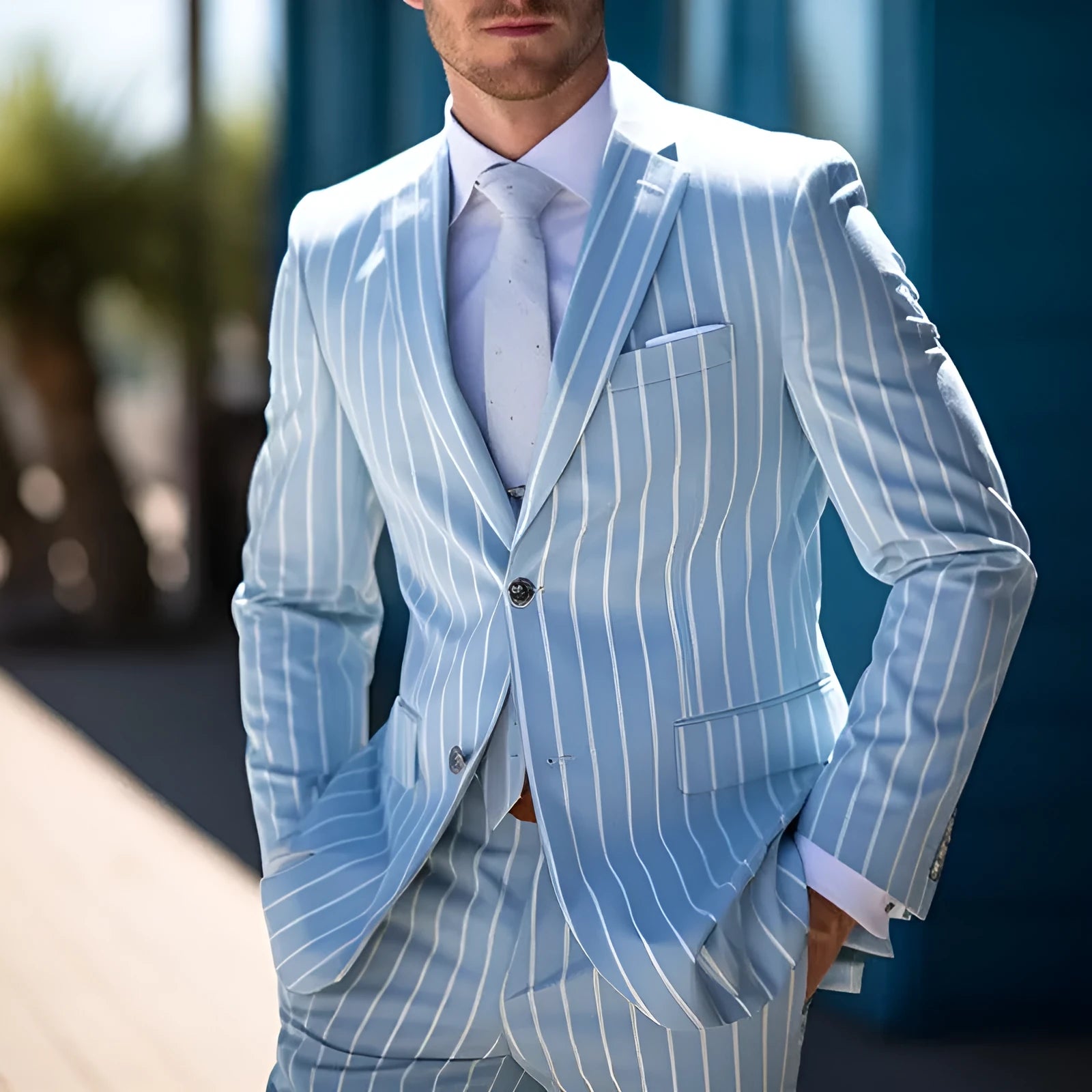 Men's blue and white button British style suit jacket with double button front and straight hem