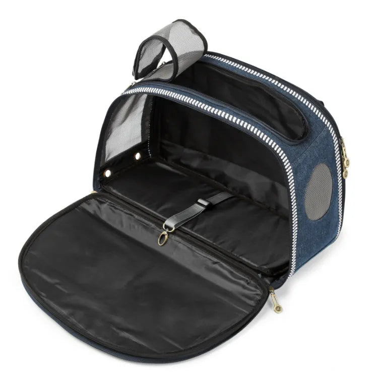 Blue denim Japanese style pet diaper bag with cartoon pattern measuring 43cm long