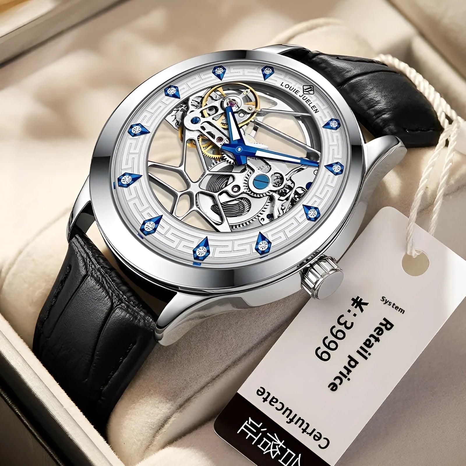 Men's silver case mechanical watch with white dial, blue hands, black leather strap, and luminous markings