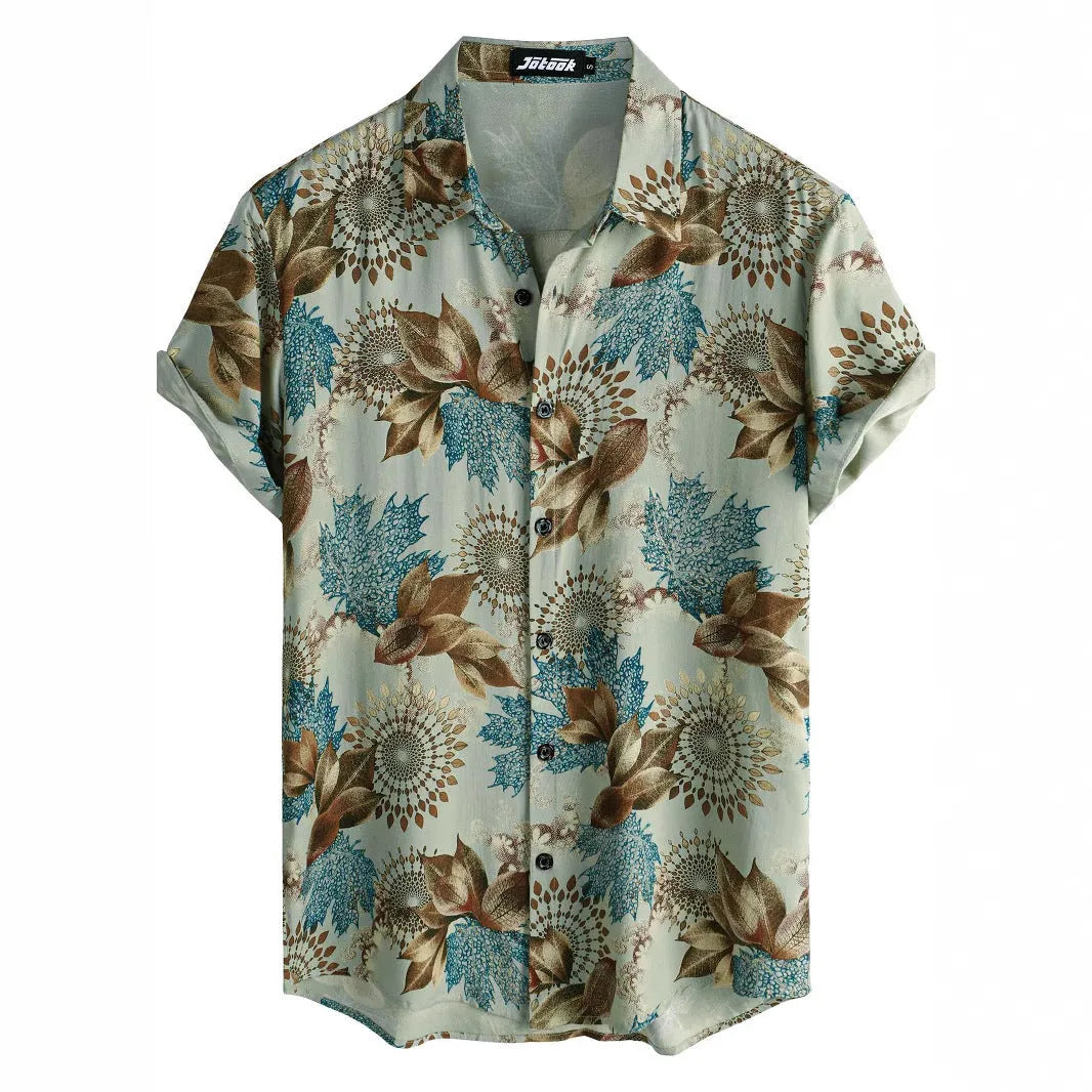 Hawaiian floral print short sleeve shirt with a lapel collar on a hanger.