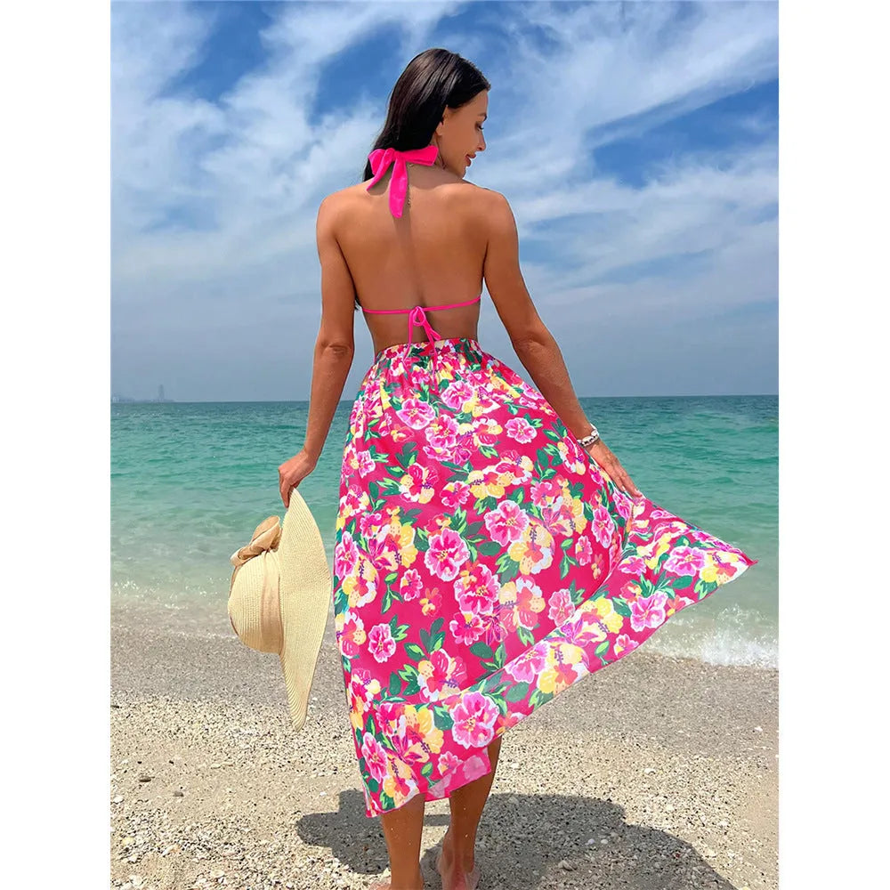 Printed high slit three-piece swimsuit set for women in Lake Green and Rose Red, sizes S to XL, polyester fabric