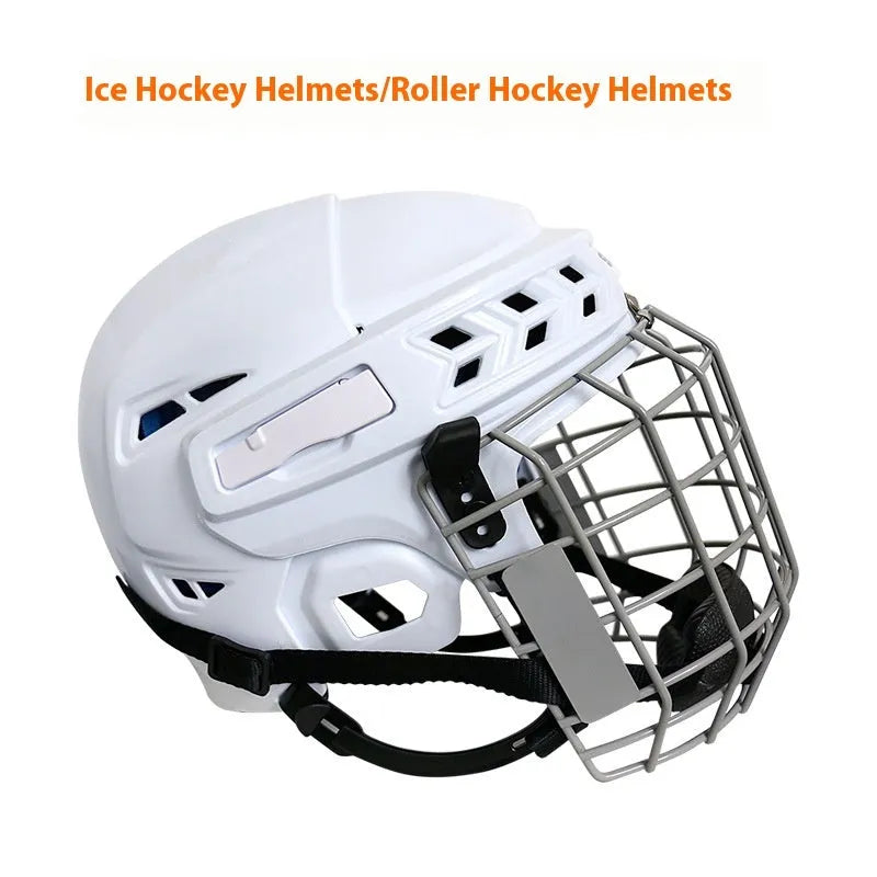 Adult ice hockey helmet with protective wire face mask showing impact-resistant shell construction