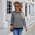 Black long sleeve women's pullover sweater with a Japanese sweet plaid and stripe print pattern.
