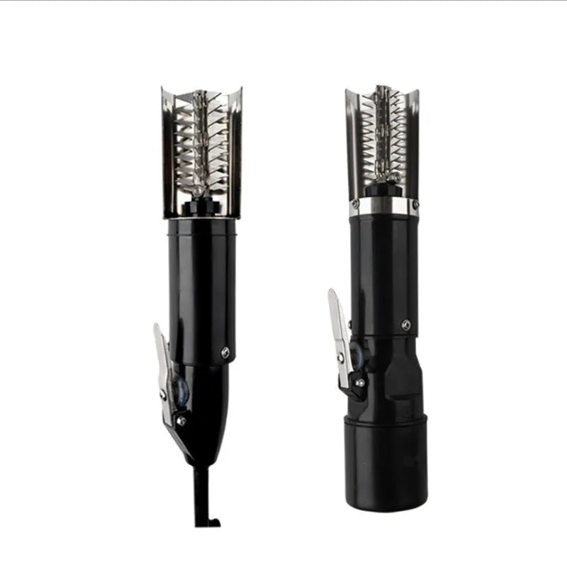 Black electric fish scale descaling tool with brush head on white background