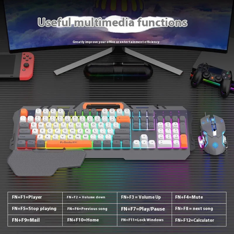 Blue wired gaming keyboard and mouse set with backlit keys on desk