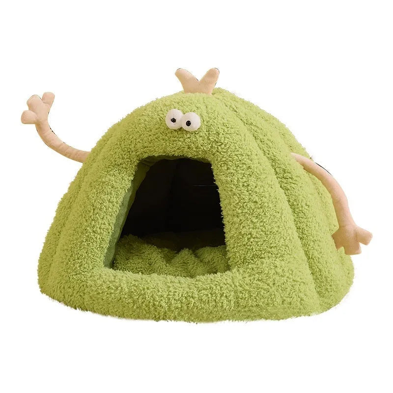 Green monster-shaped semi-enclosed cat kennel with plush velvet fabric.