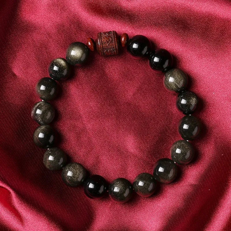 Golden obsidian bracelet with 10mm round beads in hand-woven retro design