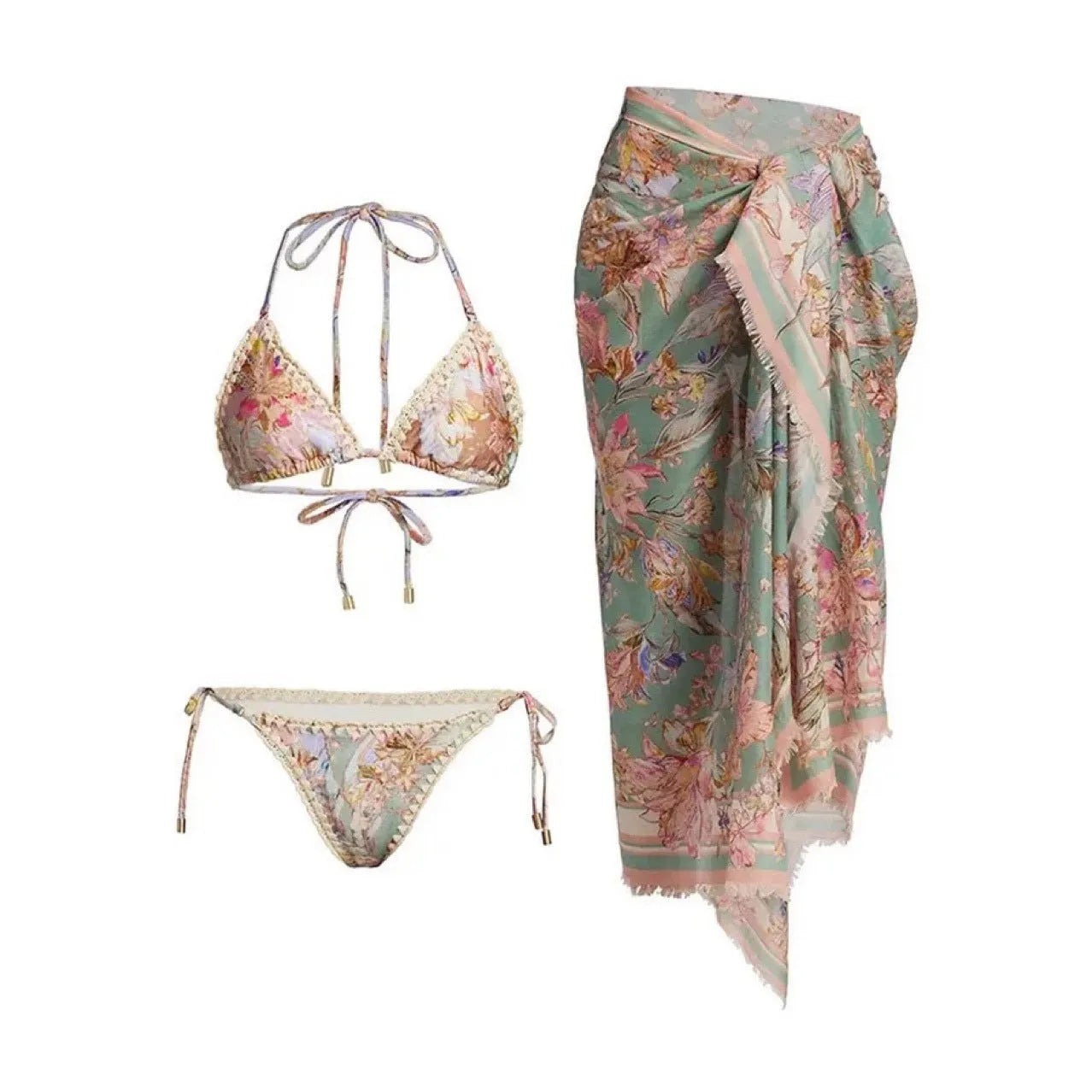 Women's creamy white floral bikini set with top, briefs, and removable skirt on beach background