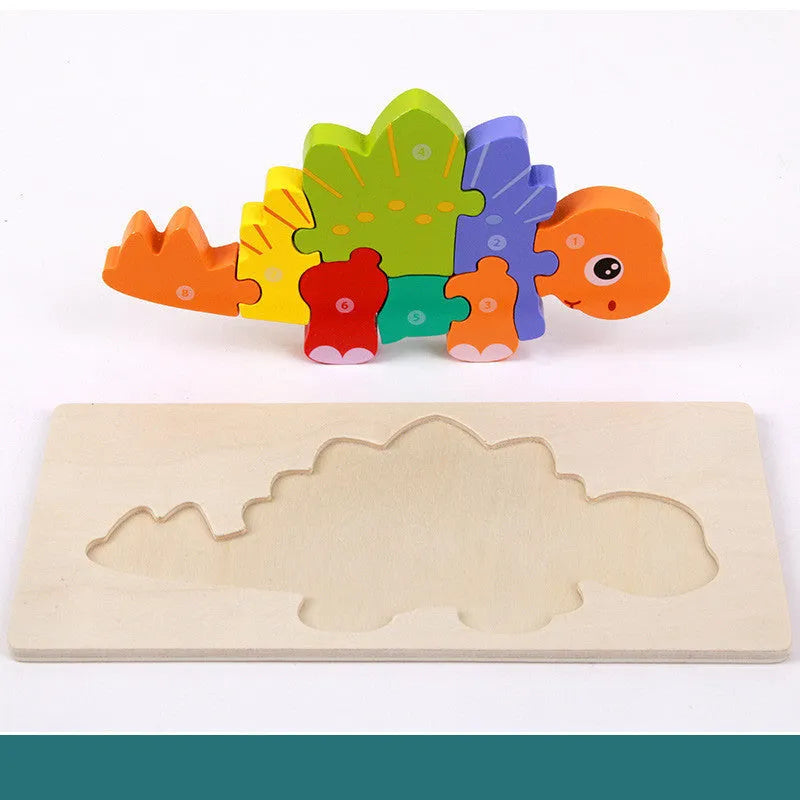 Wooden dinosaur 3D puzzle set for children with six designs including T-Rex and Triceratops