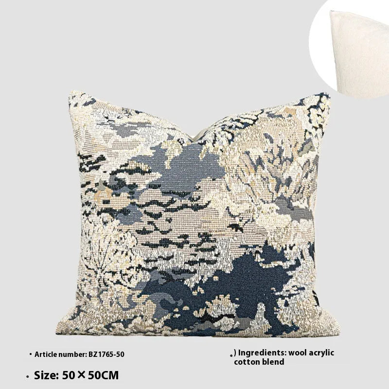 Antique blue wool blend decorative cushion with abstract flower and plant pattern, shown in square and rectangular sizes.