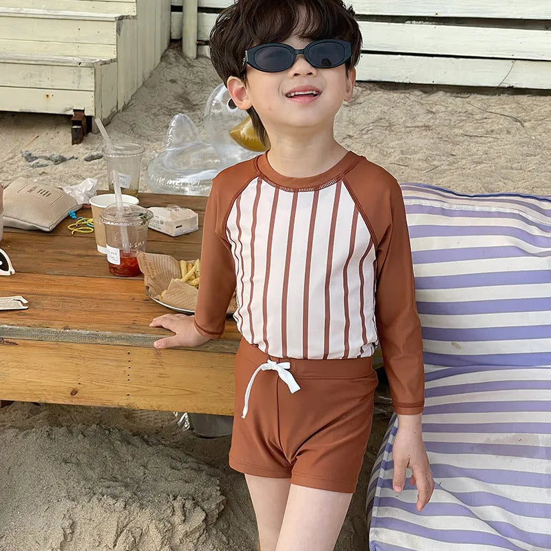 Boys' long sleeve swimsuit with three-colour striped sleeves in green, brown or sky blue, sizes 90cm to 140cm