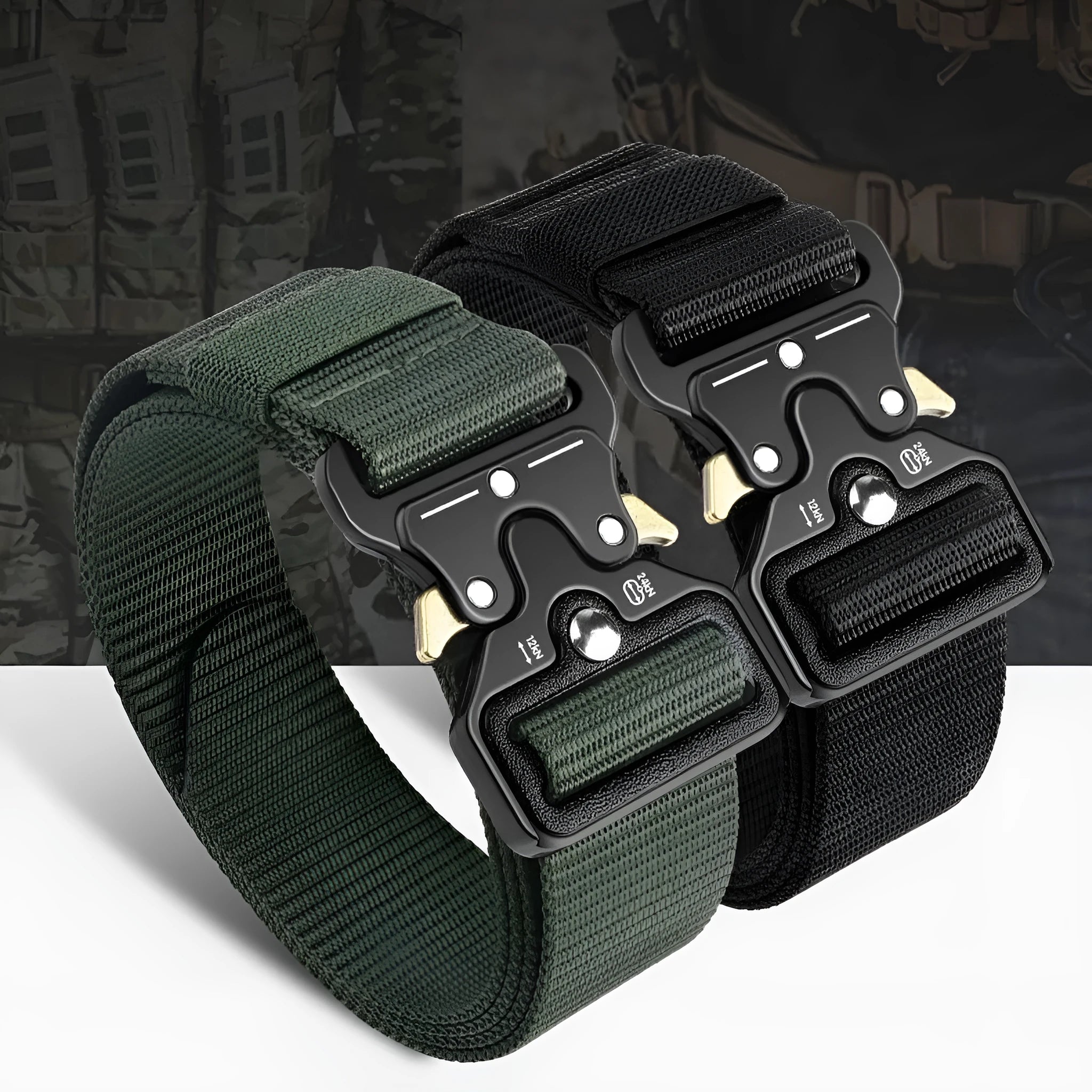 Men's canvas tactical belt with alloy buckle in multiple colour options showing 120cm length