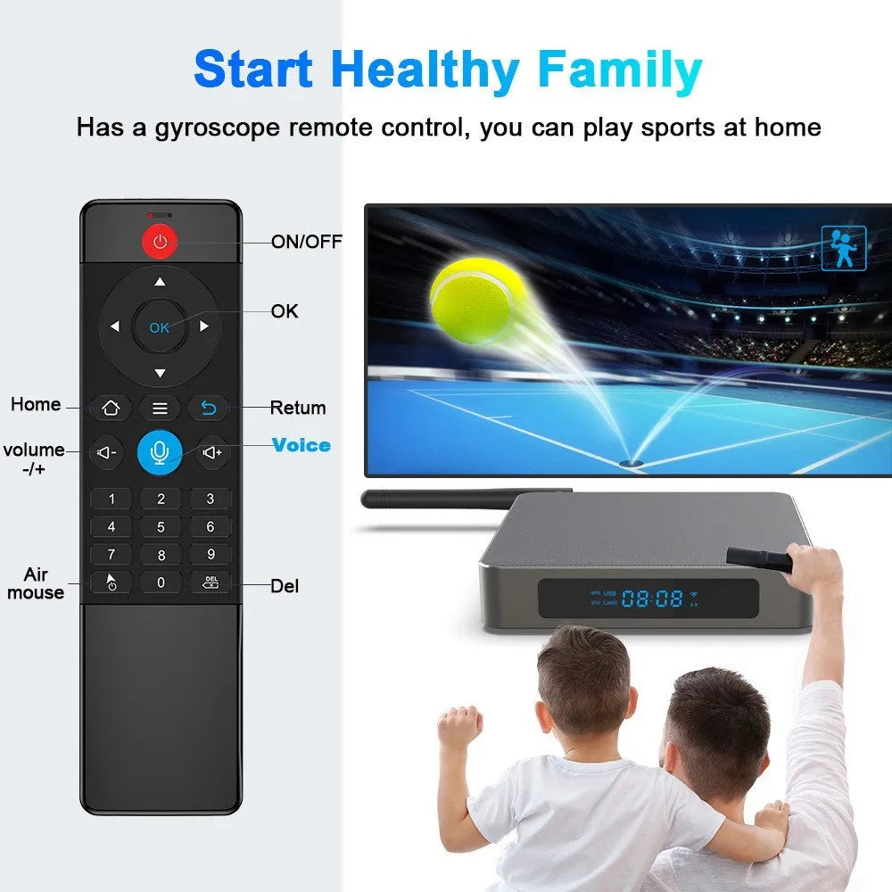 Android set-top box with 8K output showing front panel and connectivity ports