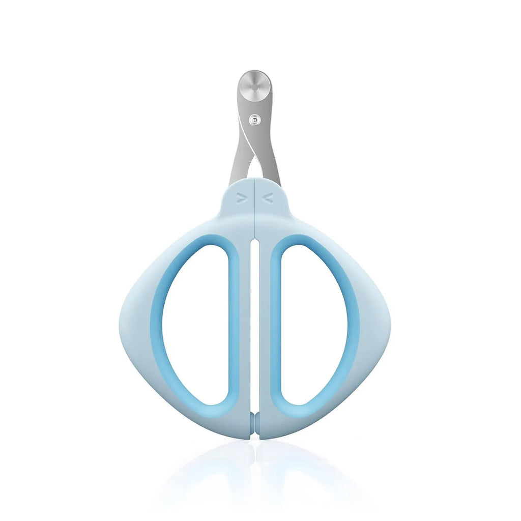 Pink and blue cat nail clippers with a safety guide hole and stainless steel blade on a white background.