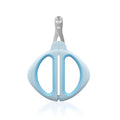 Pink and blue cat nail clippers with a safety guide hole and stainless steel blade on a white background.