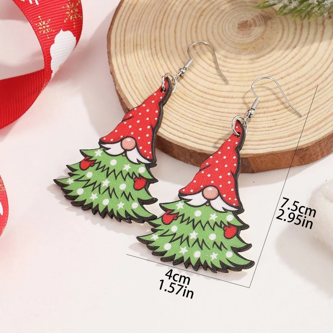 Wooden Christmas earrings with printed Santa Claus designs in geometric shapes