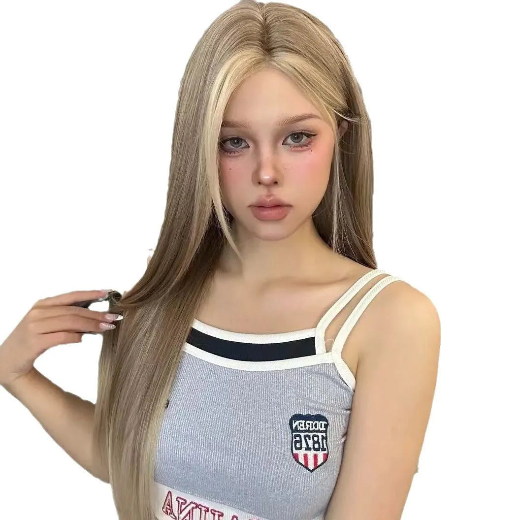 Women's golden brown gradient lace front wig with centre parting and synthetic fibre construction