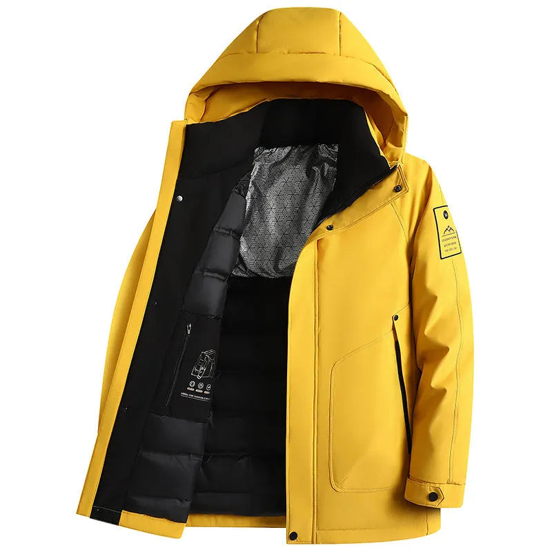 Men's white duck down hooded jacket in black, with chemical fibre blend shell, sizes 170 to 195