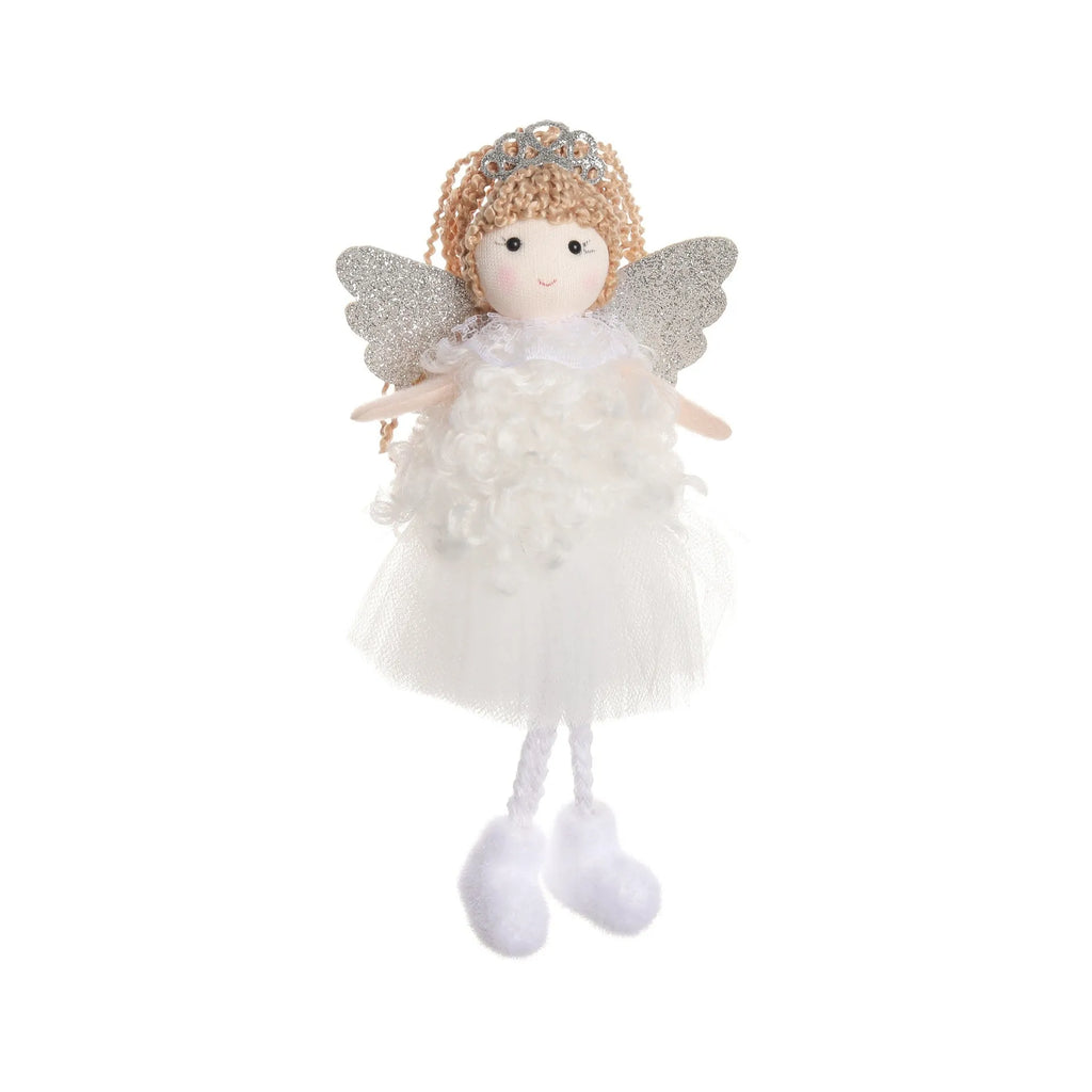 Cartoon angel cloth hair clip pendant for Christmas, shown on a high ponytail.
