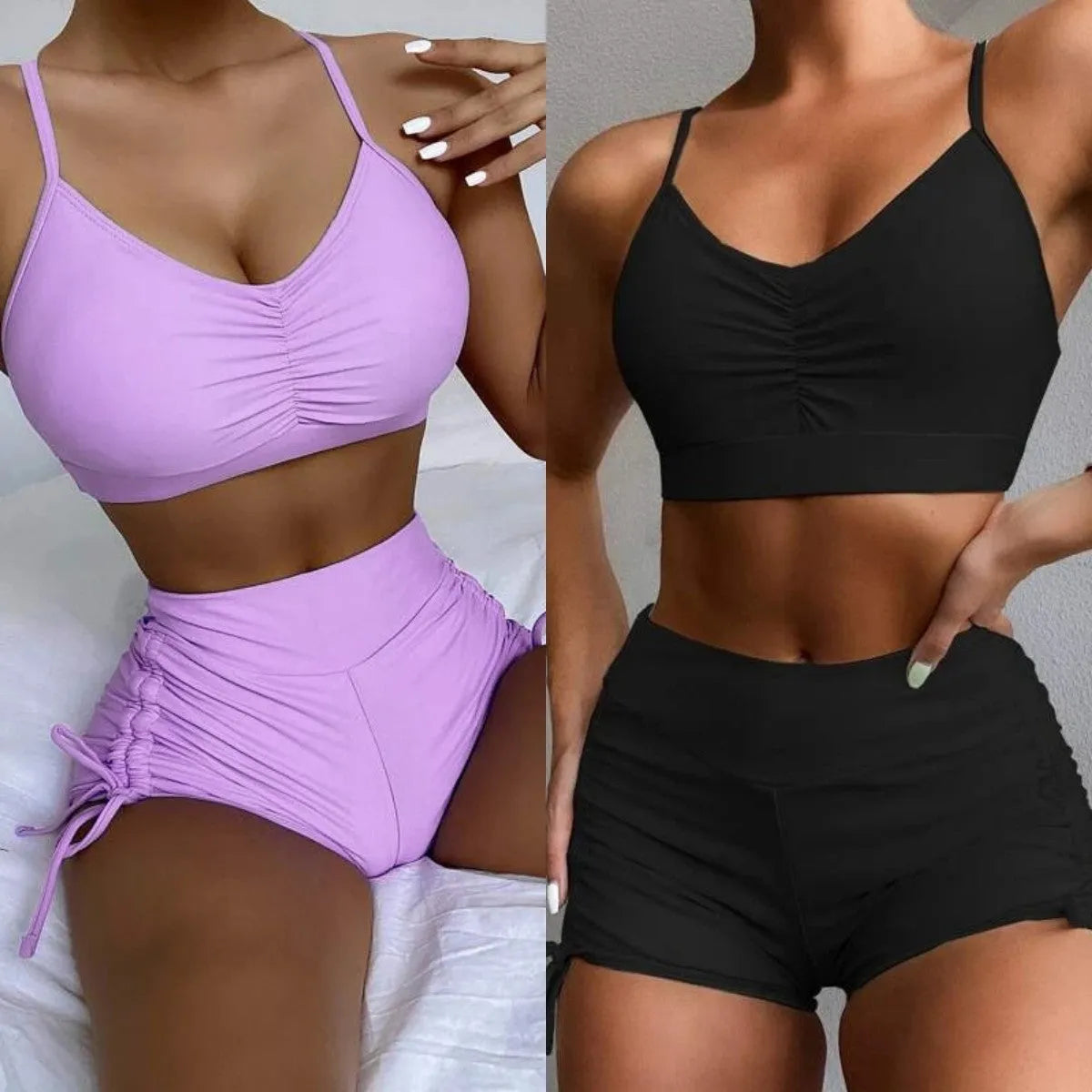 Women's solid purple high waist split swimsuit bikini two-piece set on mannequin