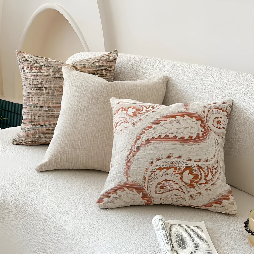 American-style jacquard cushion cover with yarn-dyed paisley floral pattern in amber colours for sofa backrest