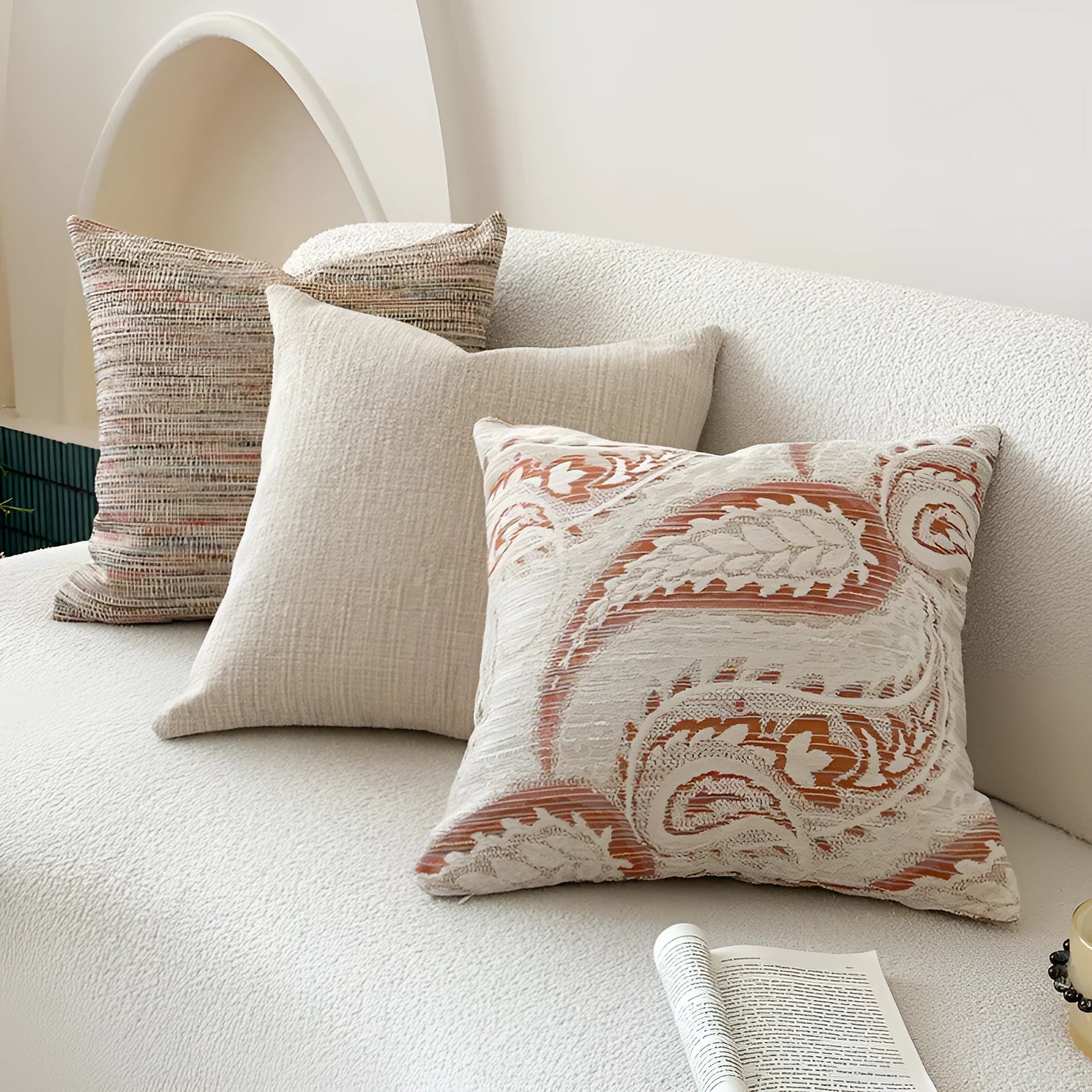 American-style jacquard cushion cover with yarn-dyed paisley floral pattern in amber colours for sofa backrest