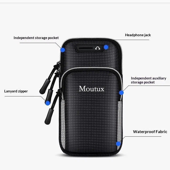Unisex waterproof anti-theft arm bag for running, shown in black gray with arm strap