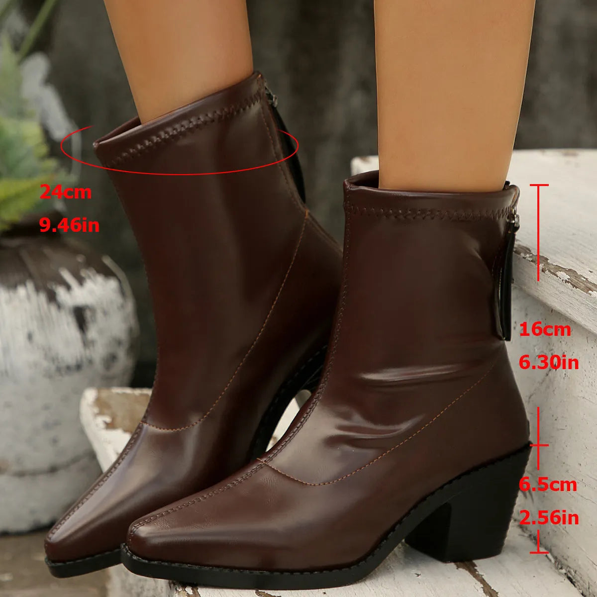 Pointed toe chunky heel Martin boots in black with cotton lining and rubber sole