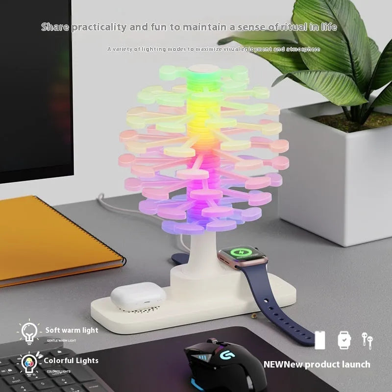 Spiral tree geometric LED table lamp on a table, showing its modern design and compact size.