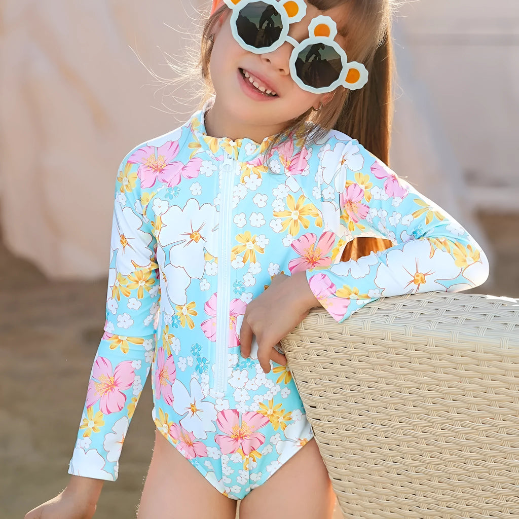 Girls' sky blue one-piece swimsuit with long sleeves and floral print, nylon fabric, sizes 100-140