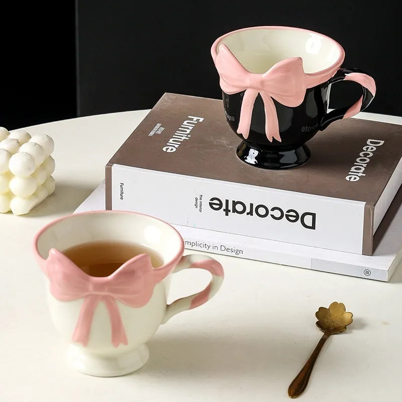 Girl heart bow design ceramic mug in white powder or black pink colour with 350ml capacity