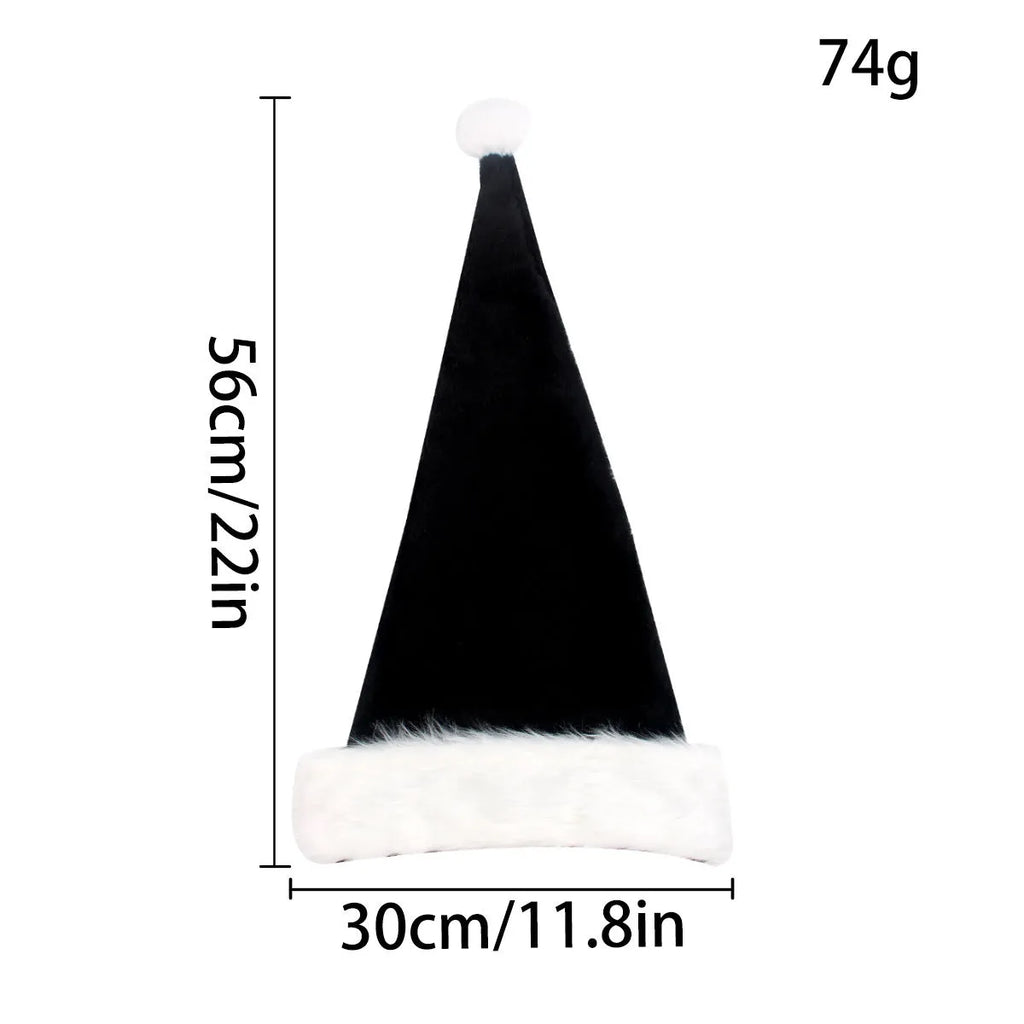 Large red and black plush Christmas hat with classic European design, shown next to a white and black version.