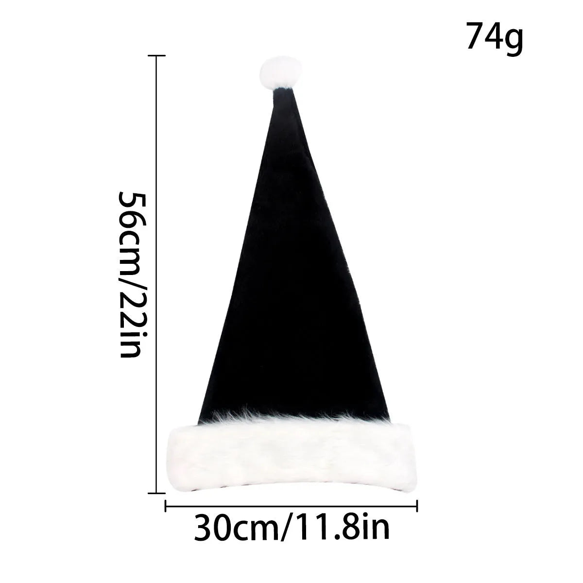 Large red and black plush Christmas hat with classic European design, shown next to a white and black version.