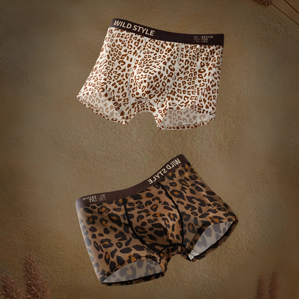 Men's leopard print polyester ice silk underwear pants in mid-waist design