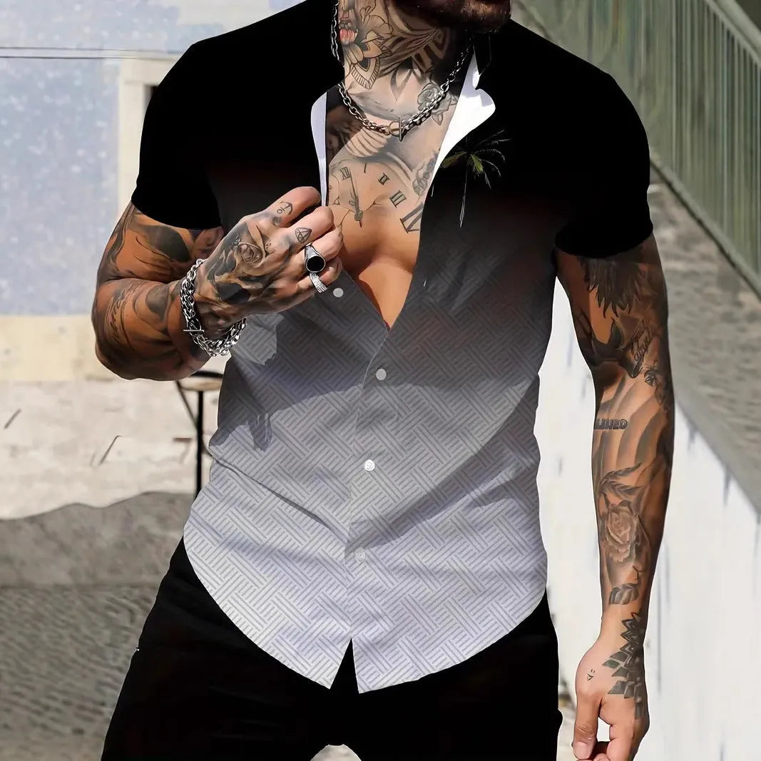Men's slim fit geometric line print short sleeve shirt with cardigan lapel