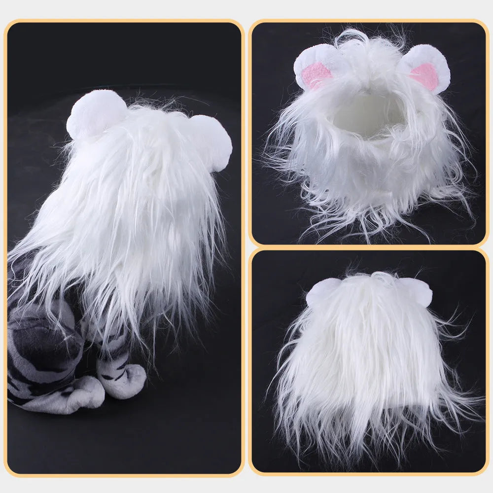 Black cat headgear wig hat costume accessory showing puppy lion design on cat