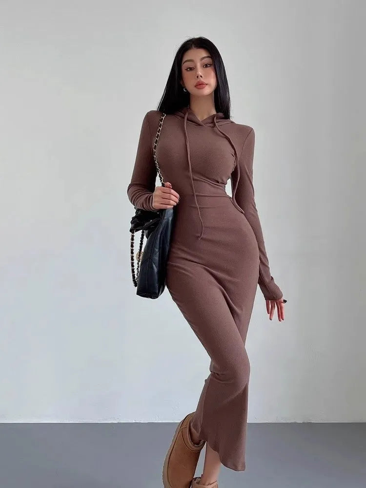 Women's long sleeve hooded sheath dress in grey shown at knee length