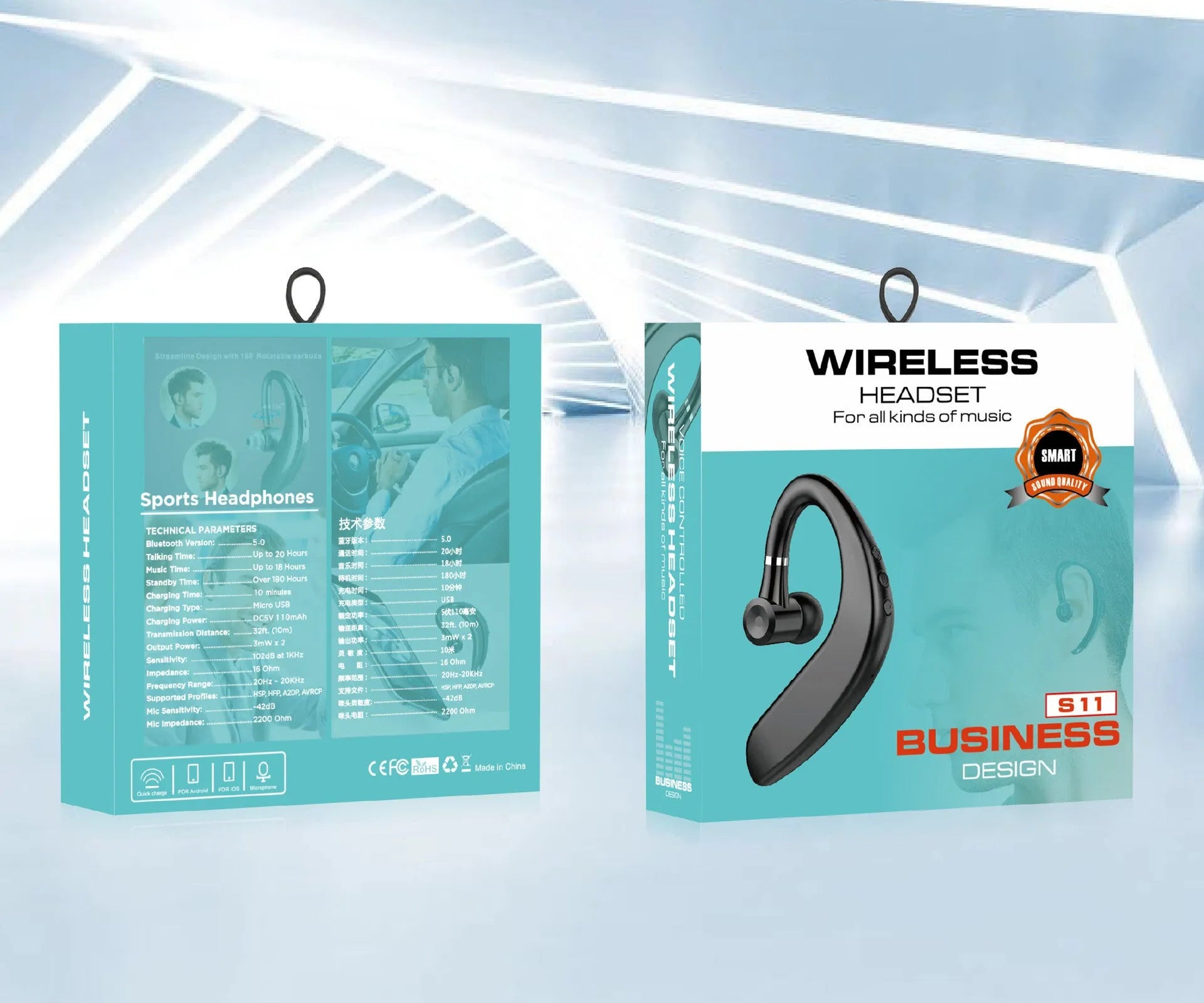 Wireless Bluetooth single ear earphones with 36-hour battery life showing black and blue colour options