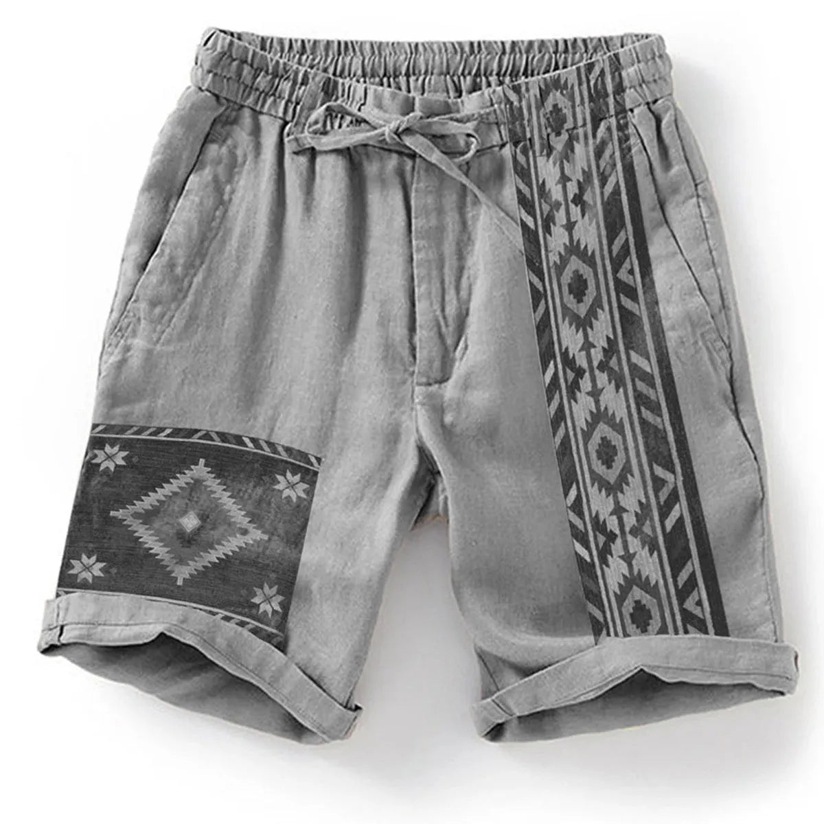 Man wearing blue colour block digital print casual shorts with a lace-up drawstring waist.