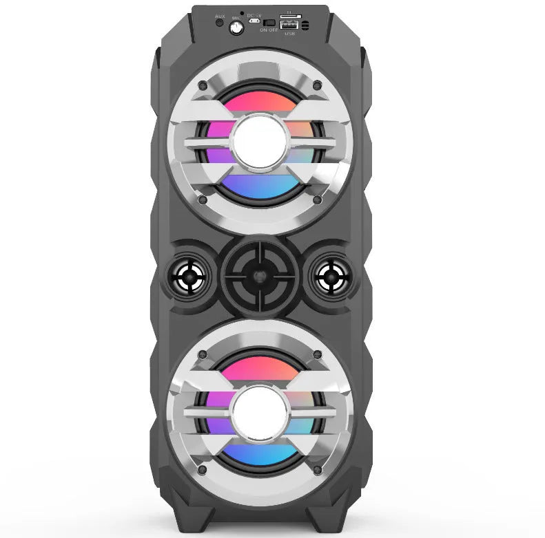 Portable Bluetooth speaker with colour LED lights in blue colour option showing control buttons