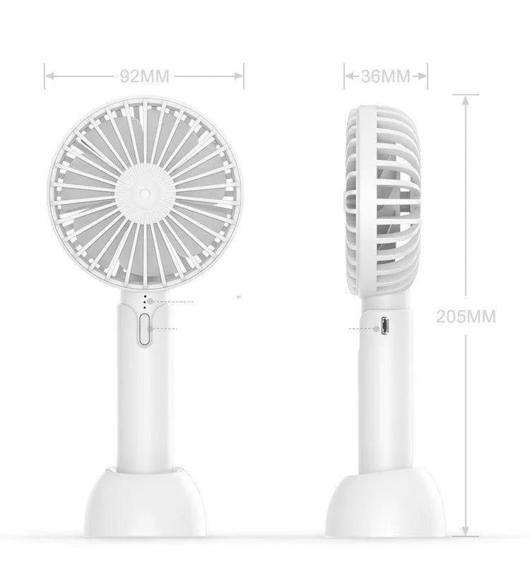 Blue handheld mini USB electric fan with three-speed control on a desktop.