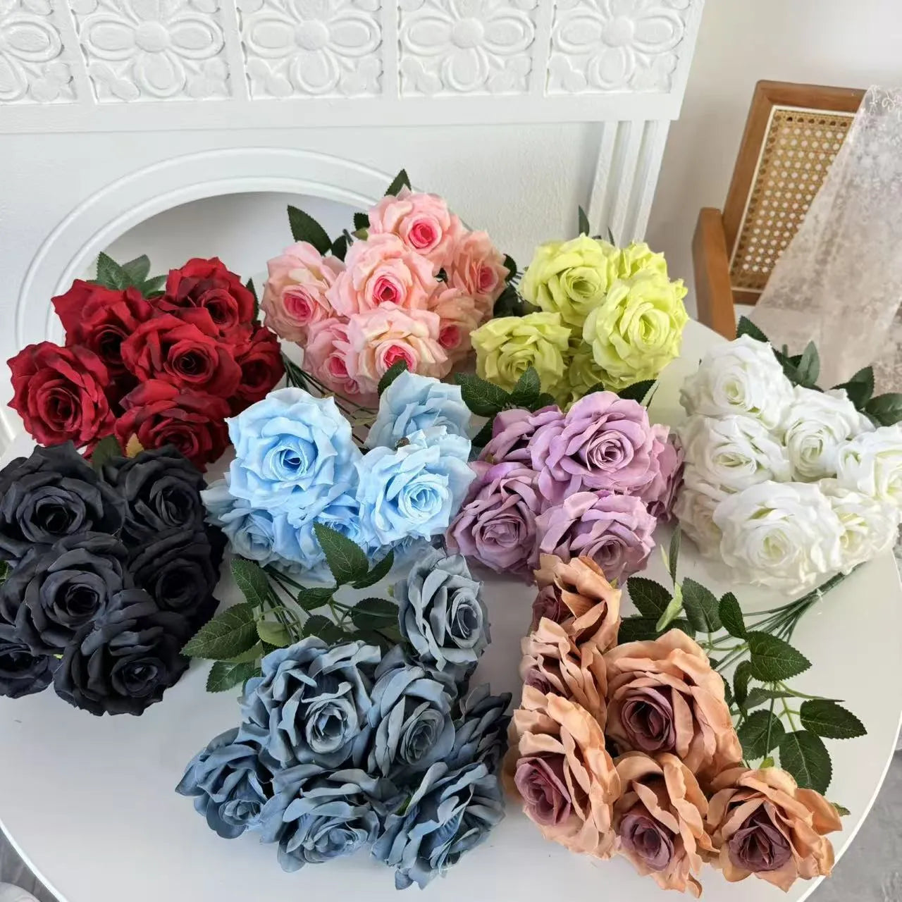 9-Head Silk Flower Row Bundle for Wedding Hall Decoration Photography Props Home Use 14 Colour Options Black Bright Red Champagne Cloudy Blue Coffee Green Light Blue Light Pink Orange Powder Core Purple Rose Red White Yellow