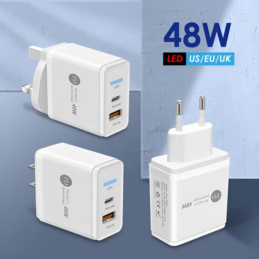 PD48W travel charger with British three-pin plug in black and white options showing compact dimensions