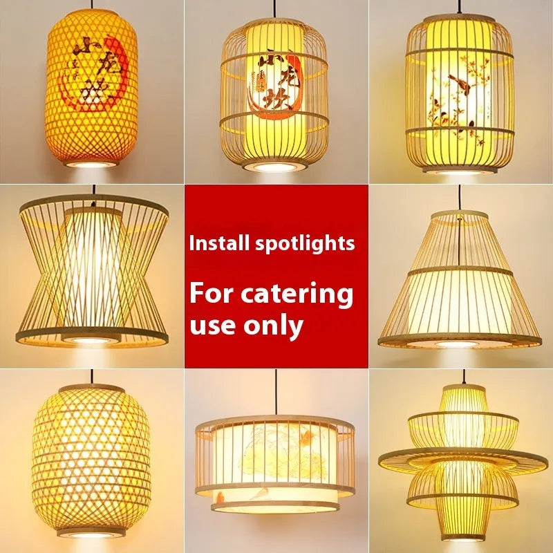 Bamboo lantern chandelier with 40x40cm shade, 220V, modern Chinese style and spotlight for restaurant use