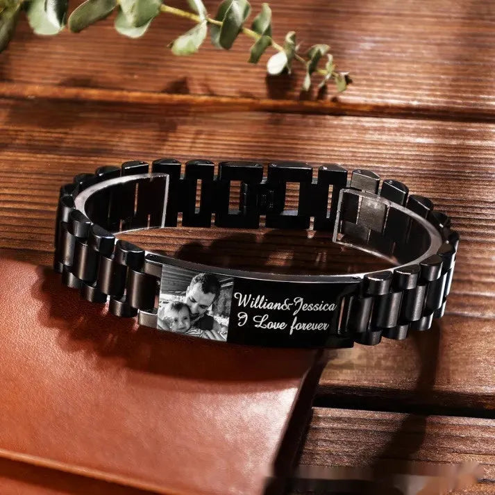 Men's titanium steel lettering bracelet with curved heart shape in black or grey lettering options