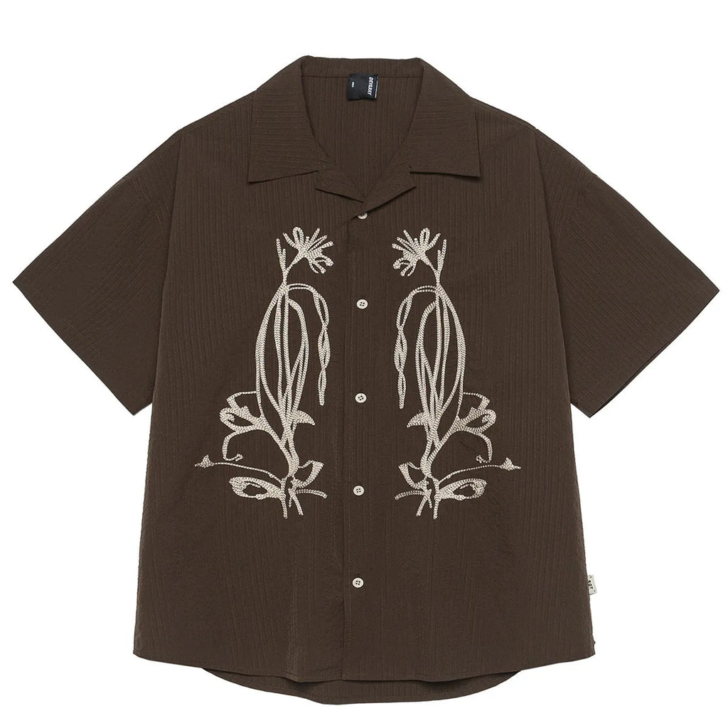 Men's brown striped quick-drying outdoor shirt with Cuban collar for hiking and camping