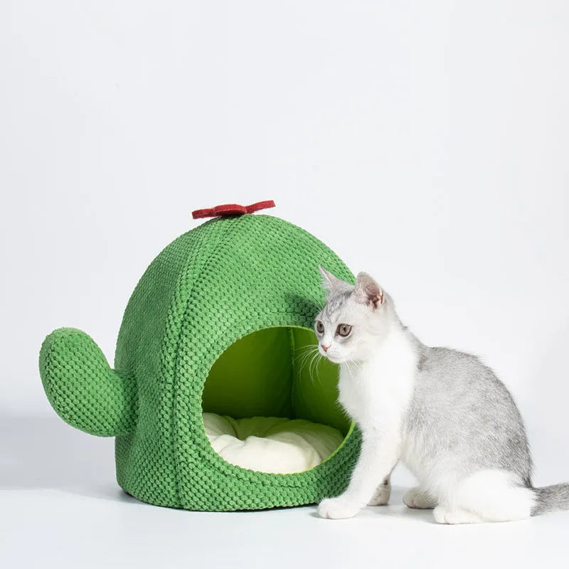 Green cactus-shaped enclosed cat bed with cave design for kittens and small dogs