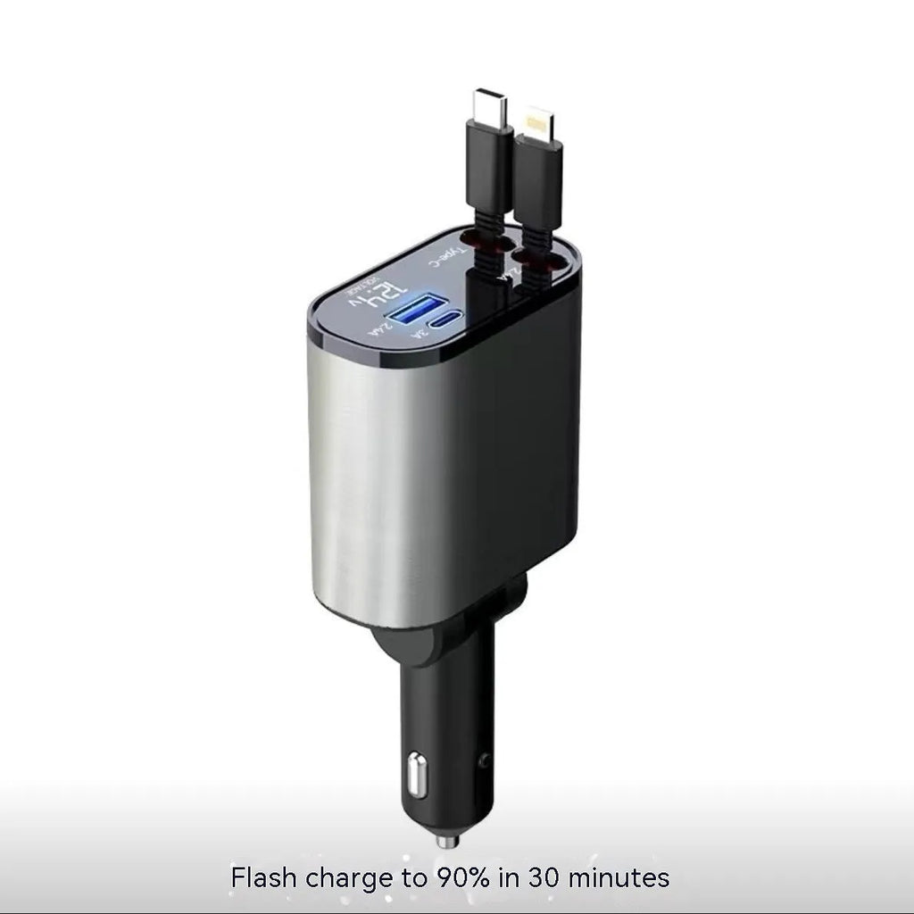 Black universal car charger with four USB ports plugged into a vehicle cigarette lighter socket.