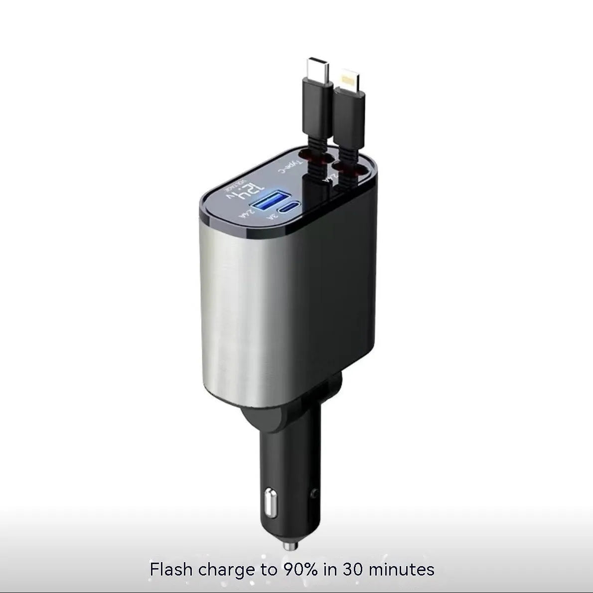 Black universal car charger with four USB ports plugged into a vehicle cigarette lighter socket.